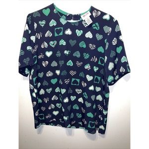 Short Sleeve Heart Print Blouse by Tan Jay Size 10 Navy Blue Green White